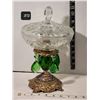 Image 1 : Fancy vintage glass candy dish. Pinwheel design with green prisms.