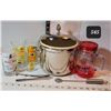 Image 1 : Mid-century stainless ice bucket/ acorn top lid. Drink glasses. Bacardi mug & drink mixer,