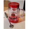 Image 2 : Mid-century stainless ice bucket/ acorn top lid. Drink glasses. Bacardi mug & drink mixer,