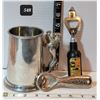 Image 1 : Mid Century, lion handle, beer stein. Molson & Leather wrapped Scotch Whiskey bottle openers.