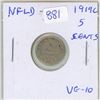 Image 1 : Newfoundland. 1919c Silver 5 Cents. Minted in Ottawa. VG-10.