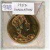 Image 1 : 1953 Gold Plated British medal for the Coronation of Queen Elizabeth. BU.