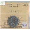 Image 1 : 1953 Shoulder Fold Far Maple Leaf Mule 5 Cents. ICCS certified & graded VF-20. Scarce Mule.