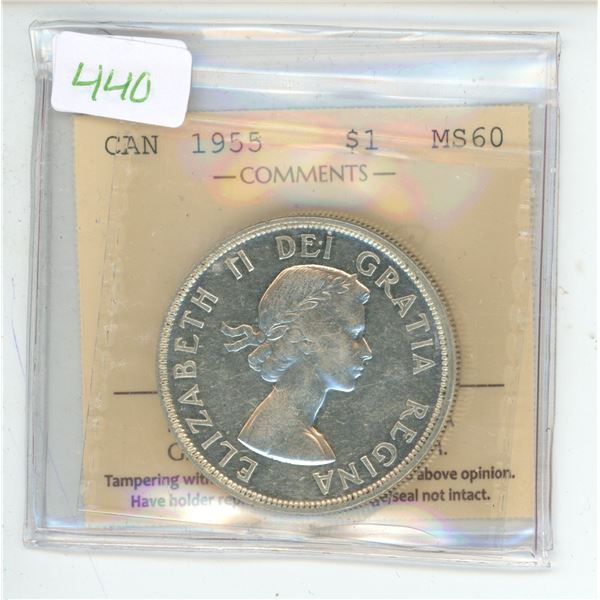 1955 ICCS Graded, Canadian silver voyageur dollar - MS60