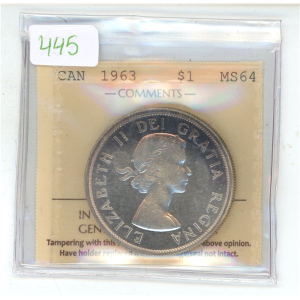 1963 ICCS Graded, Canadian voyageur silver dollar - MS64