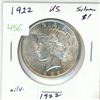 Image 1 : 1922 USA Silver peace dollar