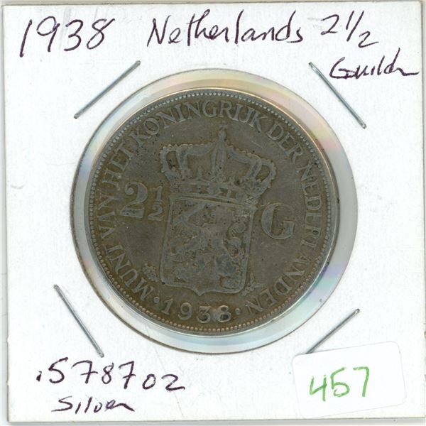 1938 Netherlands silver 2 1/2 Gulden coin