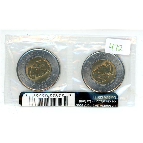 Pair of Canadian boreal forest 2011 toonies