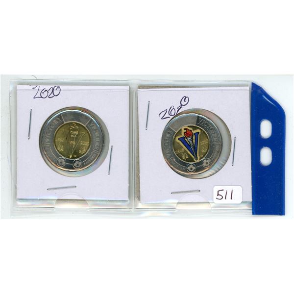 Pair of 2020 "Victory" Canadian 2 dollar toonie coins - 1 is colored