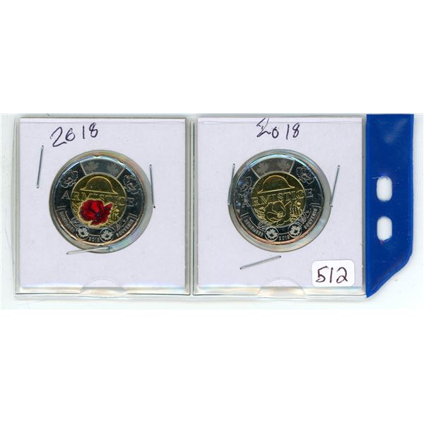 Pair of 2018 "Armistice" Canadian 2 dollar toonie coins - 1 is colored