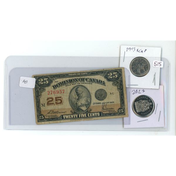 Assorted Canadian money - 1923 Shinplaster, 1973 25 cent coin & 2023 50 cent coin