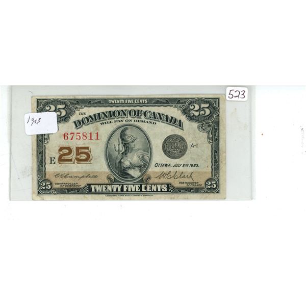 1923 Dominion of Canada 25 cent shinplaster