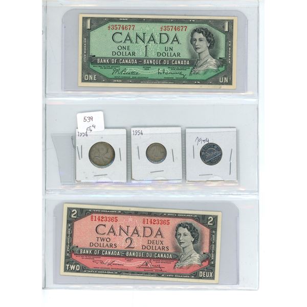 Canadian 1954 money set - 1$ and 2$ Bills, Silver 25 cent coin, and 5 cent coin