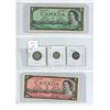 Image 1 : Canadian 1954 money set - 1$ and 2$ Bills, Silver 25 cent coin, and 5 cent coin