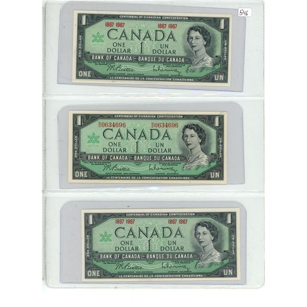3 - 1967 Canadian centennial bills - 2 no serial #'s