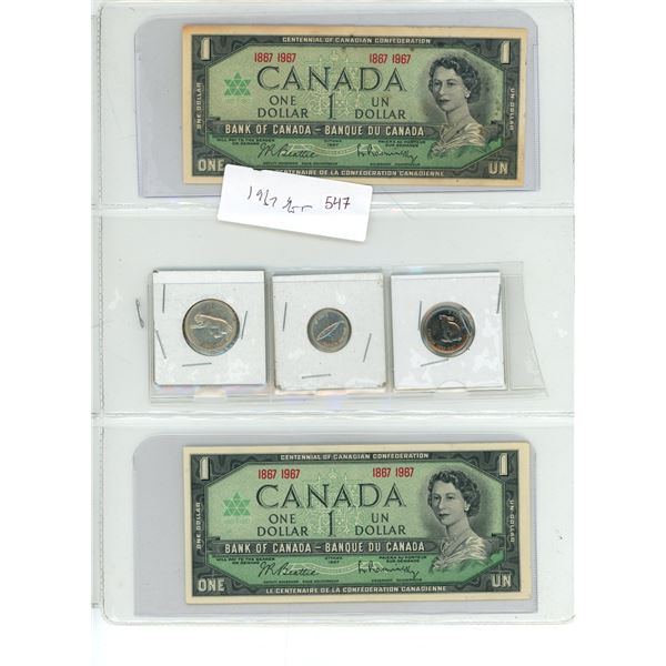 Canadian 1967 money set - 1$ bills, silver 25 cent lynx coin, silver 10 cent fish coin, 5 cent rabbi
