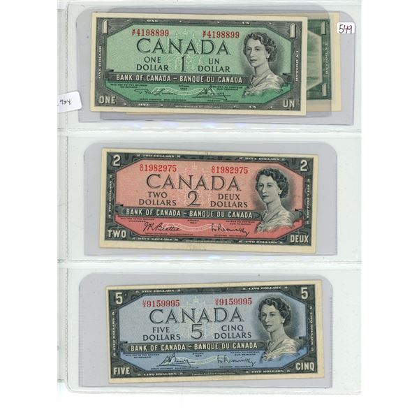 4 1954 Canadian bills - 1 dollar bills, 2 dollar bill and 5 dollar bill