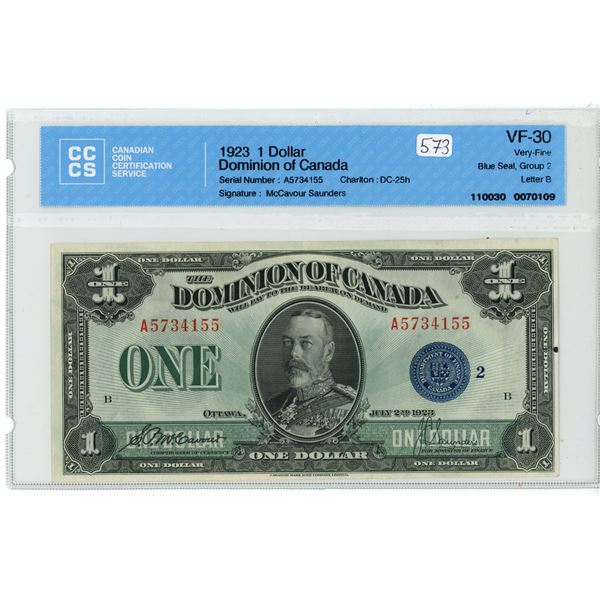 1923 CCCS Graded, "Dominion of Canada" Canadian 1 dollar bill - A5734155 - VF30
