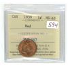 Image 1 : 1939 ICCS graded, Canadian red 1 cent penny coin - MS65