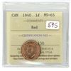 Image 1 : 1940 ICCS graded, Canadian red 1 cent penny coin - MS65