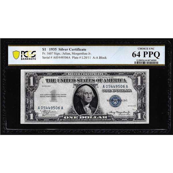 1935 $1 Silver Certificate Note Fr.1607 PCGS Choice Uncirculated 64PPQ