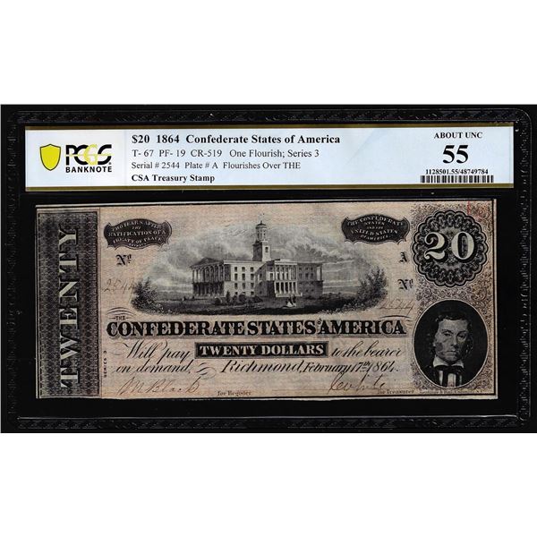 1864 $20 Confederate States of America Note T-67 PCGS About Unc 55 CSA Treasury Stamp