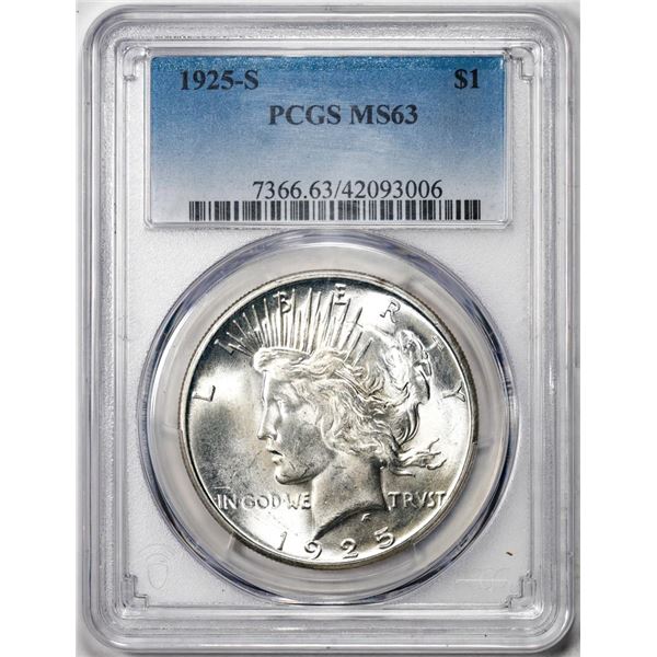 1925-S $1 Peace Silver Dollar Coin PCGS MS63