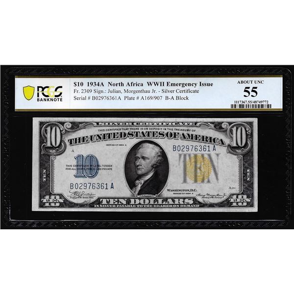 1934A $10 North Africa WWII Emergency Issue Silver Certificate Note PCGS About Unc 55