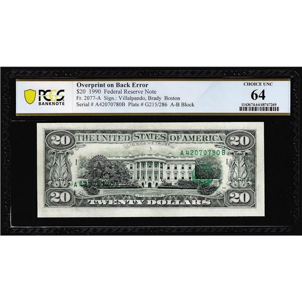 1990 $20 Federal Reserve Note Boston Overprint on Back Error PCGS Choice Unc 64