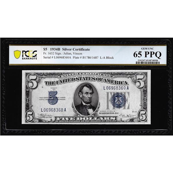 1934B $5 Silver Certificate Note Fr.1652 PCGS Gem Uncirculated 65PPQ
