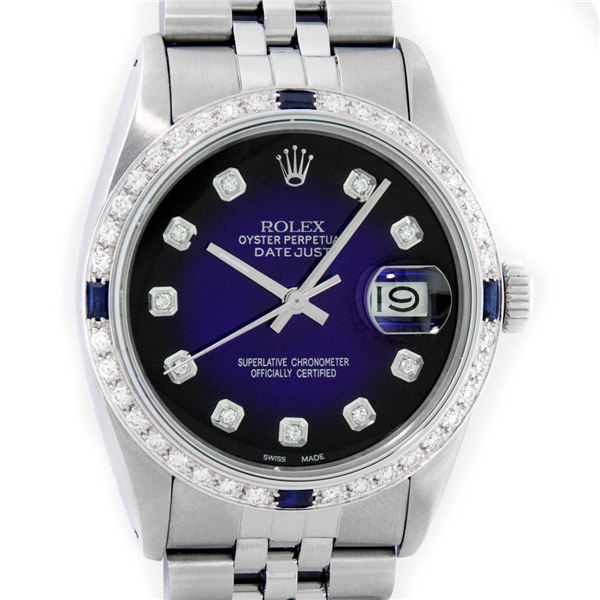 Rolex Mens Stainless Steel Blue Vignette Sapphire and Diamond Datejust Wristwatch