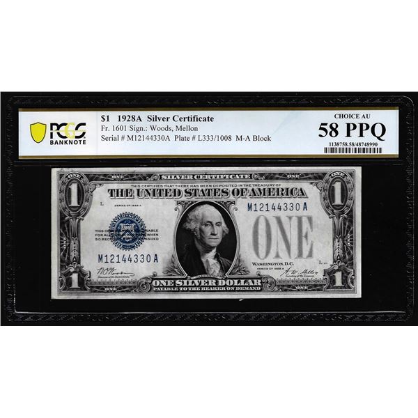 1928A $1 Funnyback Silver Certificate Note Fr.1601 PCGS Choice AU 58PPQ
