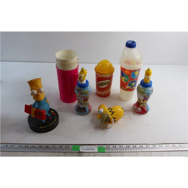 Assorted The Simpsons Cups, Wesco Bart Clock, Bucket and Homer Rubik's Cube