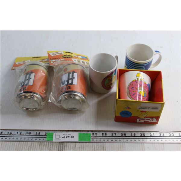 (3) The Simpsons Mugs - Chipped and (2) Duff Beer Cans of Playing Cards