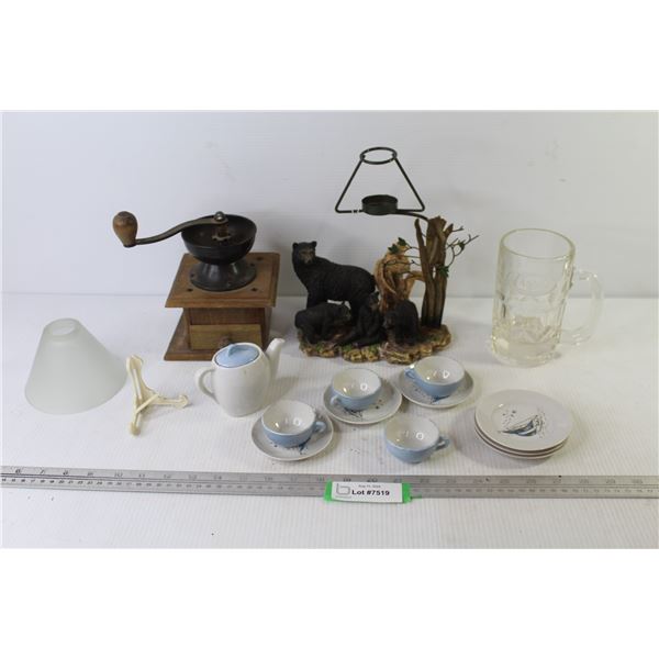 Ornament Bear Family Tea Light Holder - Coffee Grinder (broken) - A&W Glass Mug - Ceramic Tea Pot & 