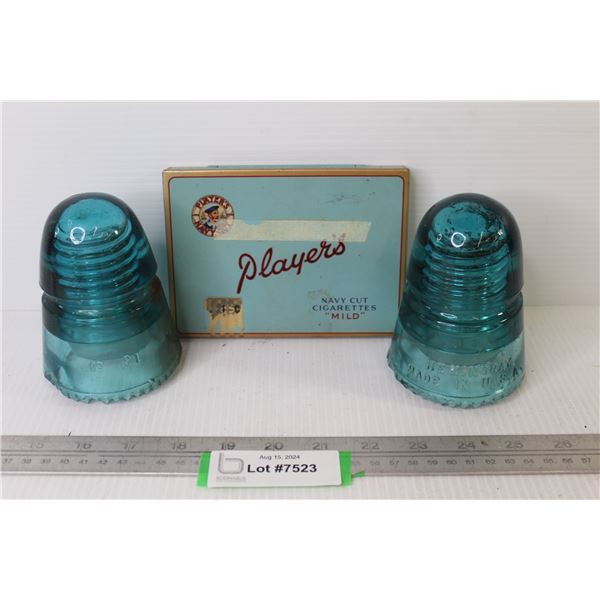 (2) Blue HemmingRay Glass Insulators (have chips) - Player's Cigarette Tin