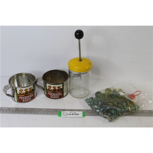 Vintage Food Chopper - Bag of Marbles - (2) Tin Ponderosa Ranch Cups
