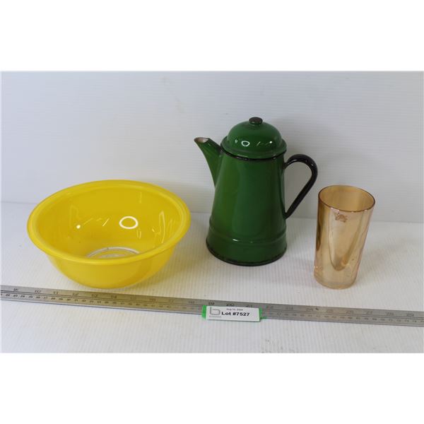 Yellow Pyrex Mixing Bowl - Metal Water Kettle - Gold Lusterware Glass