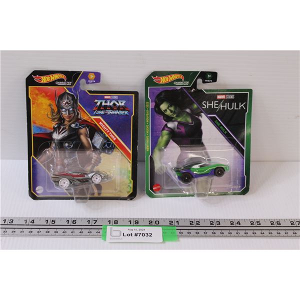 (2) Hot Wheels Die Cast Cars: Thor & She Hulk - NIB