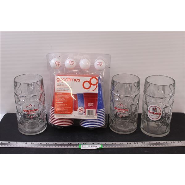(3) Oktoberfest Glass Beer Steins & Beer Pong Kit