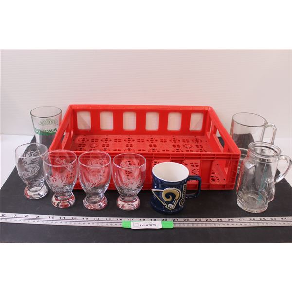 Coca Cola Plastic Glasses Tray, (4) Minhas Glasses, Tony Tomas Glass, Golf Bag Mug, Misc.