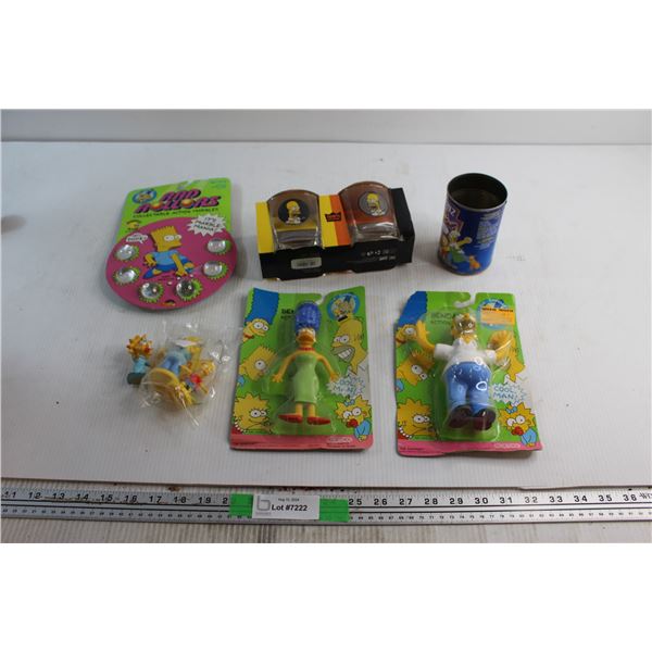(5) The Simpsons Figures, Set of 2 Whisky Glasses, Beans Tin and Collectible Marbles