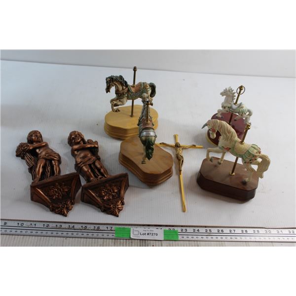 (4) Carousel Horses Musical Ornaments, Cross and (2) Greek Wall Decorations