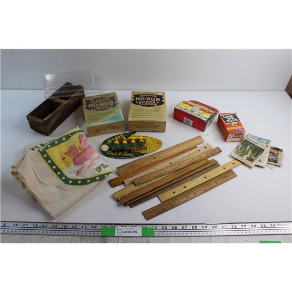 Wooden Cheese Box, Collectible Rulers, Corn Holders and Assorted Collectible Items