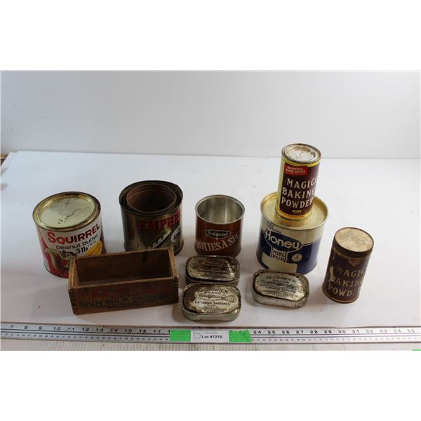 (9) Assorted Vintage Tins and Vintage Wooden Cheese Box