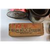 Image 6 : (9) Assorted Vintage Tins and Vintage Wooden Cheese Box