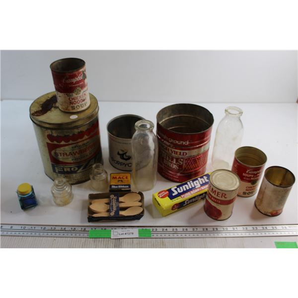(7) Assorted Vintage Tins, (4) Vintage Bottles, Sunlight Pure Soap and Assorted Vintage Items