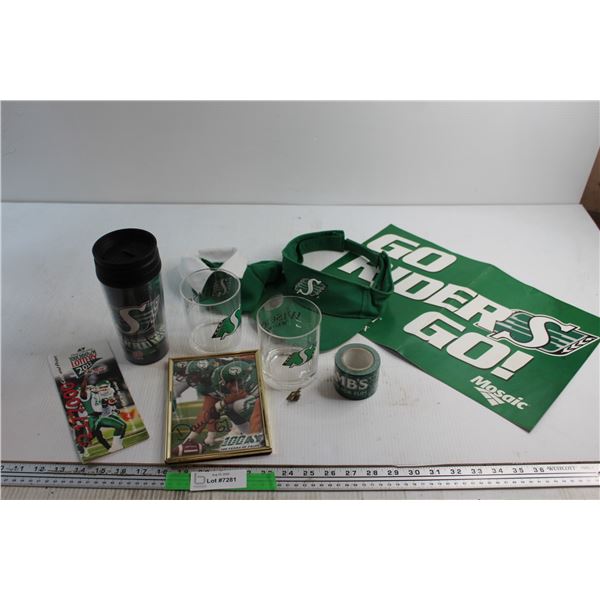 Saskatchewan Roughriders Signed Print 5'' x 7'', (2) Glasses and Assorted Items