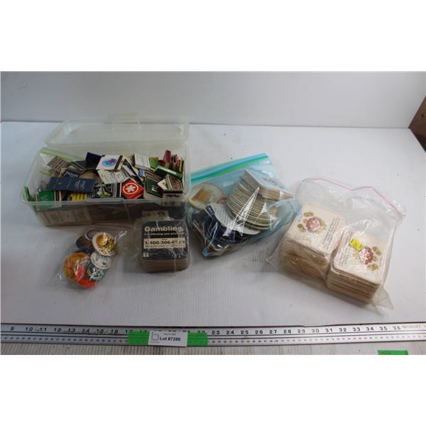 Assorted Vintage Match Boxes and Books, Assorted Coasters and Assorted Pins