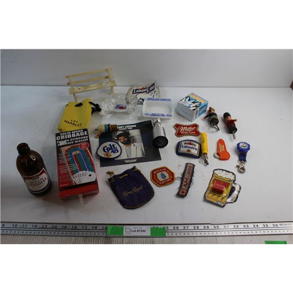 Assorted Bar Ware and (2) ESSO Ash Trays